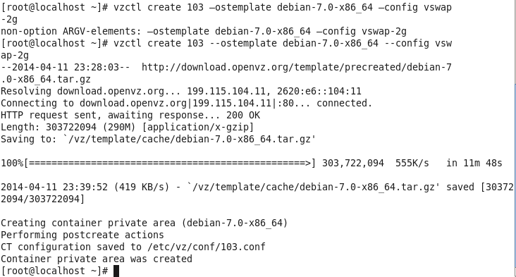 vzctl create 103 --ostemplate debian-7.0-x86_64 --config vswap-2g