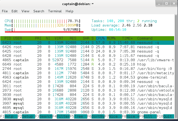 используем утилиту htop для вывода swap