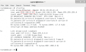 вывод настроеннго статического IP командой ifconfig в Debian
